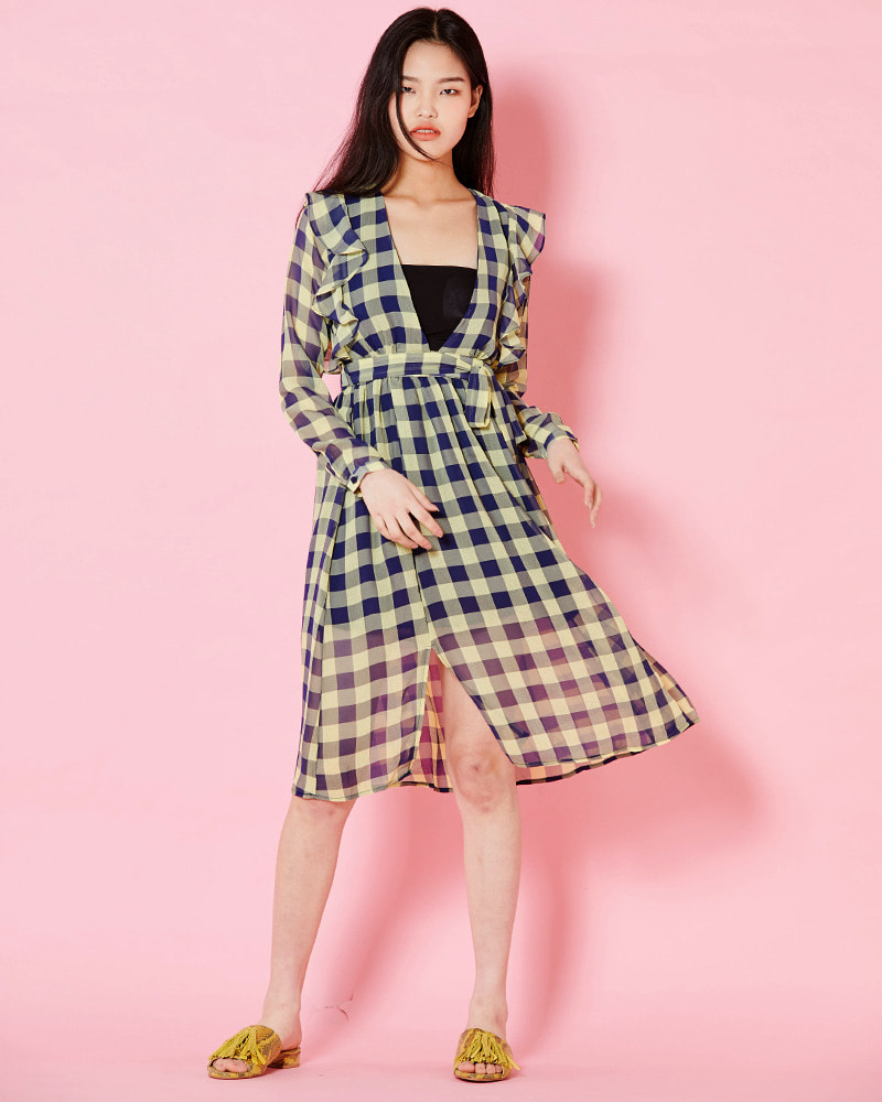 [GLAMOROUS] 레몬 네이비 깅엄체크 러플 쉬폰 드레스