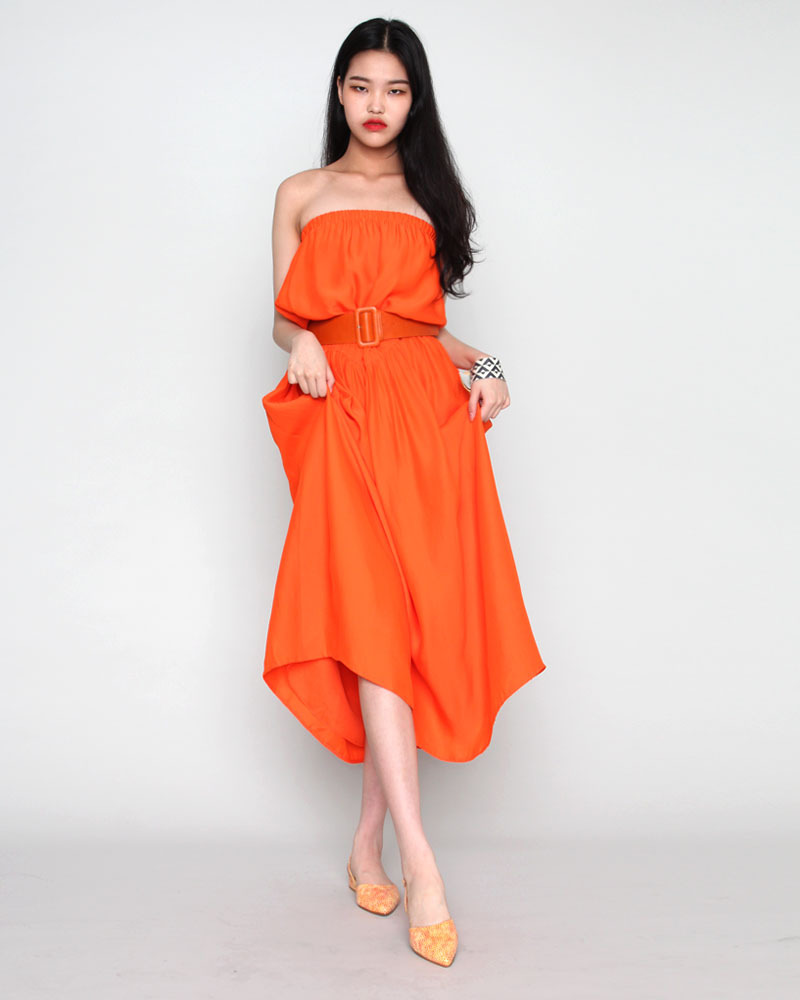 [CARVEN]오렌지 튜브탑 사이드 포켓 맥시 드레스