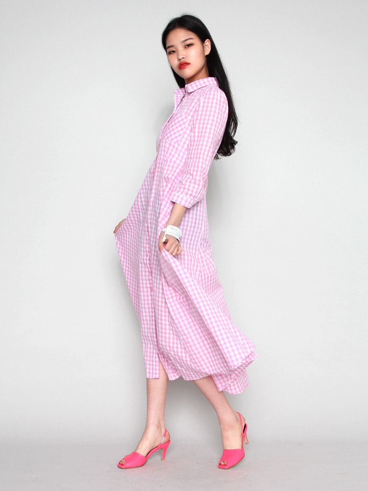 [SOHO]핑크 깅업체크 셔츠 맥시 드레스