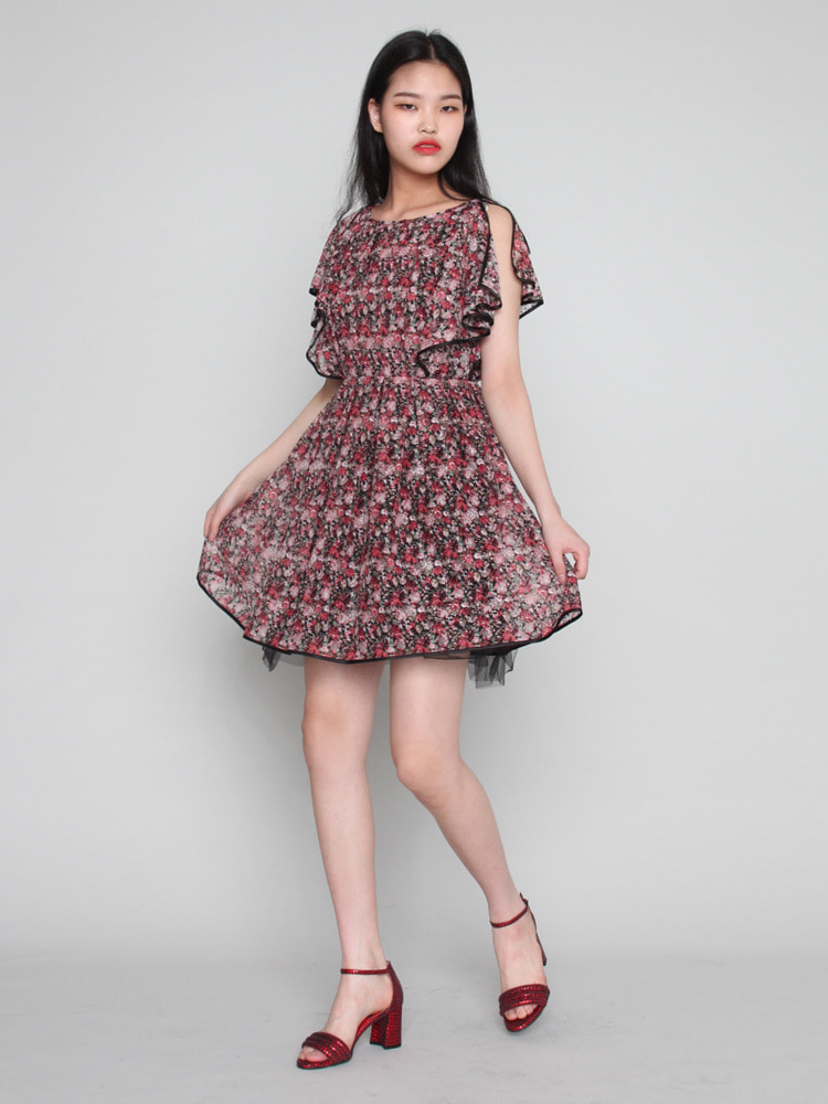 [MANGANO] 핑크 플라워 프린트 베이비돌 하이웨스트 드레스